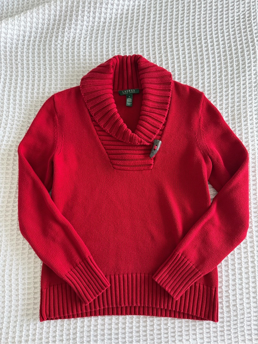 Lauren Ralph Lauren Shawl Collar Cable Knit Sweater M Red Cotton Cabin Ski Lodge